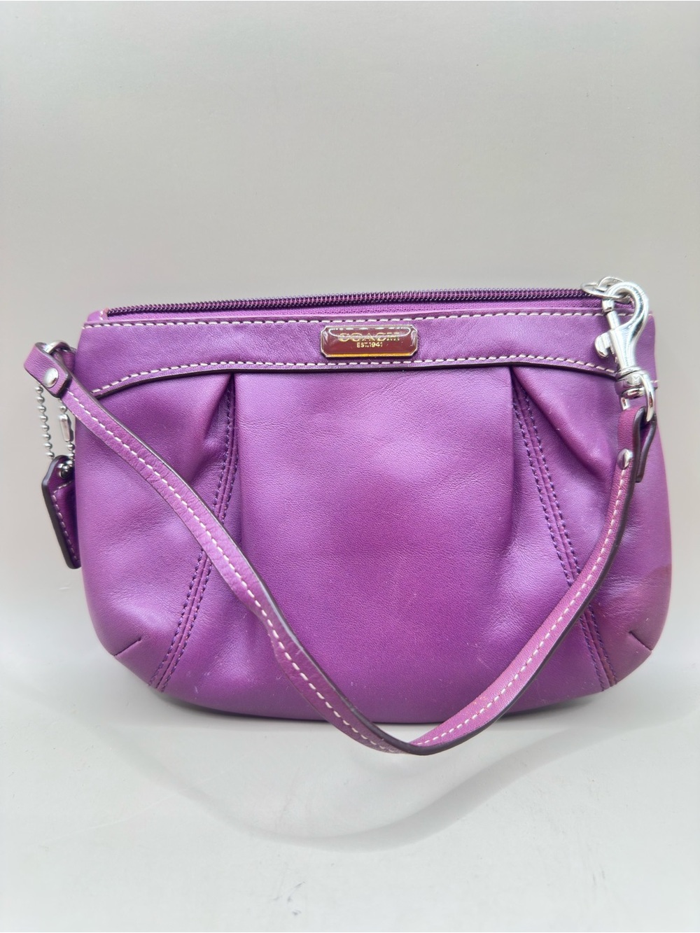 Coach Purple Leather Pleated Wristlet Clutch Zip Pouch Bag